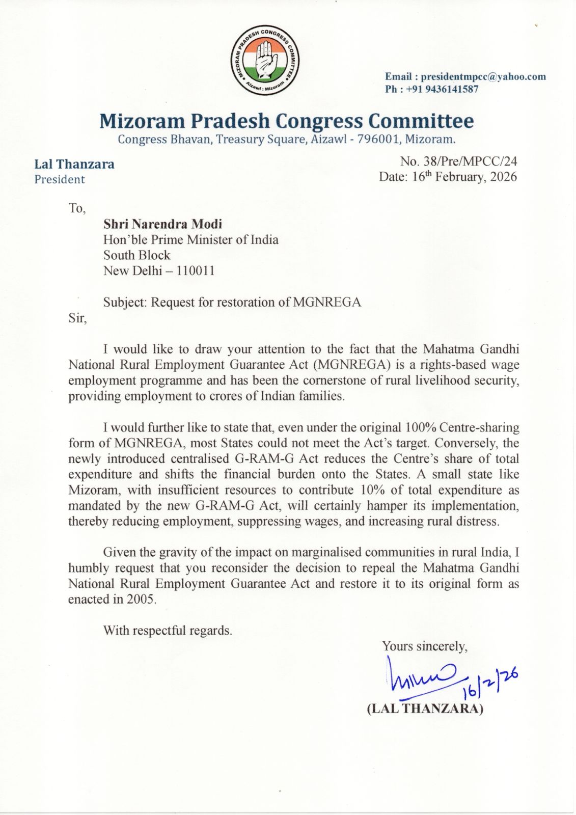 Lal Thanzara’n PM lehkha a thawn